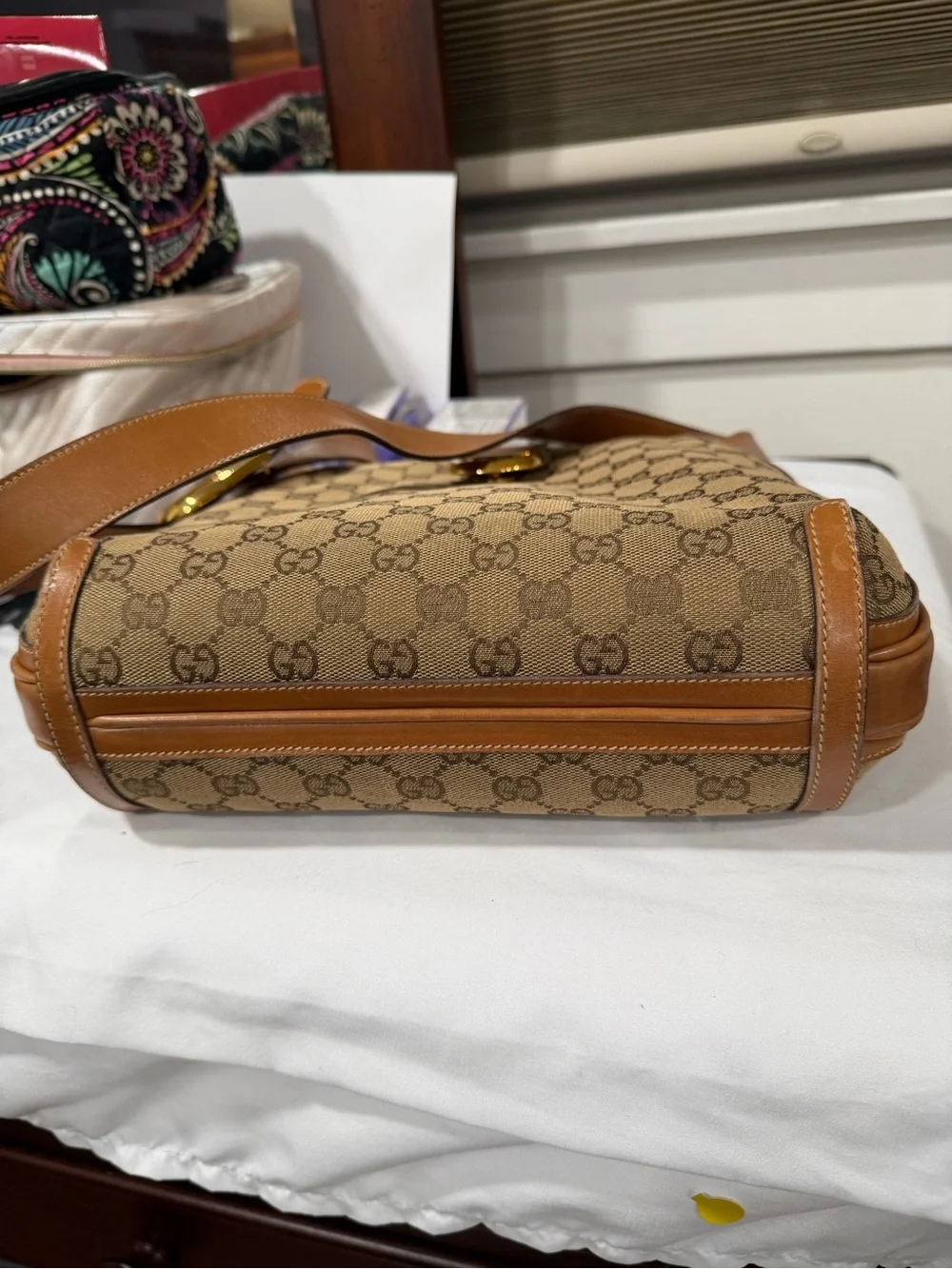 Gucci Brown GG Canvas Messenger Bag with Tan Leather and Gold pics for details